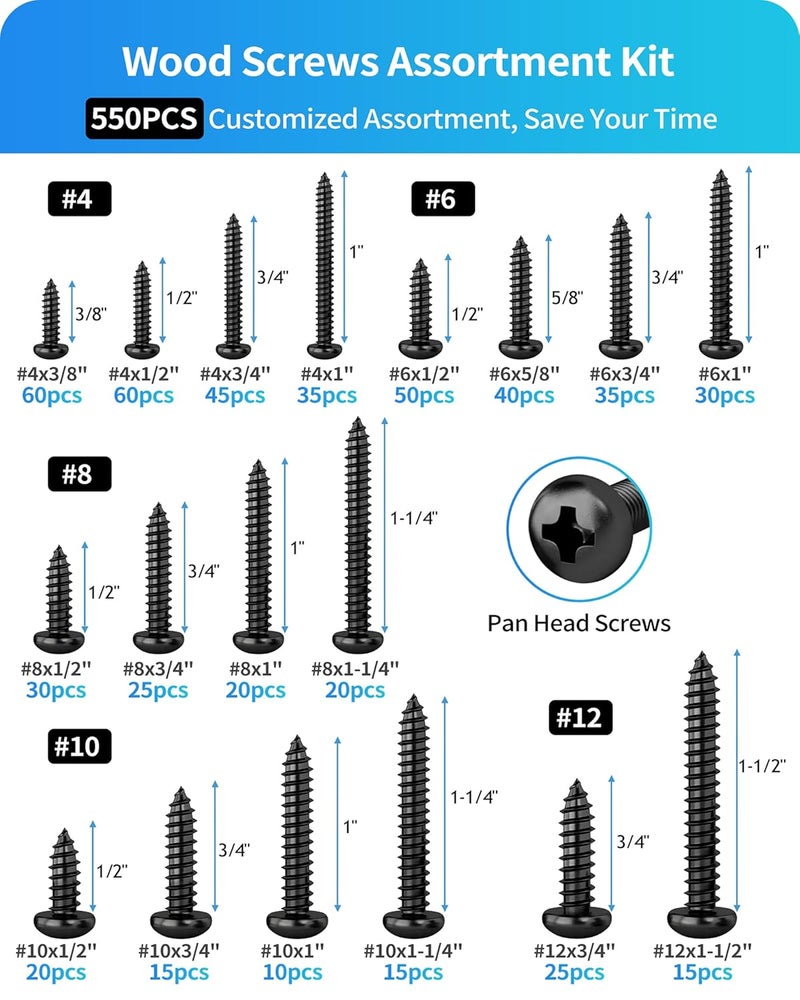 DIVANC 550Pcs 304 Stainless Steel Black Wood Screws Assortment Kit, Phillips Pan Head Sheet Metal Screw Self Tapping Screws Set, #4#6#8#10#12 Wood Assorted Screws (Black-Pan Head 550PCS) - Image 2